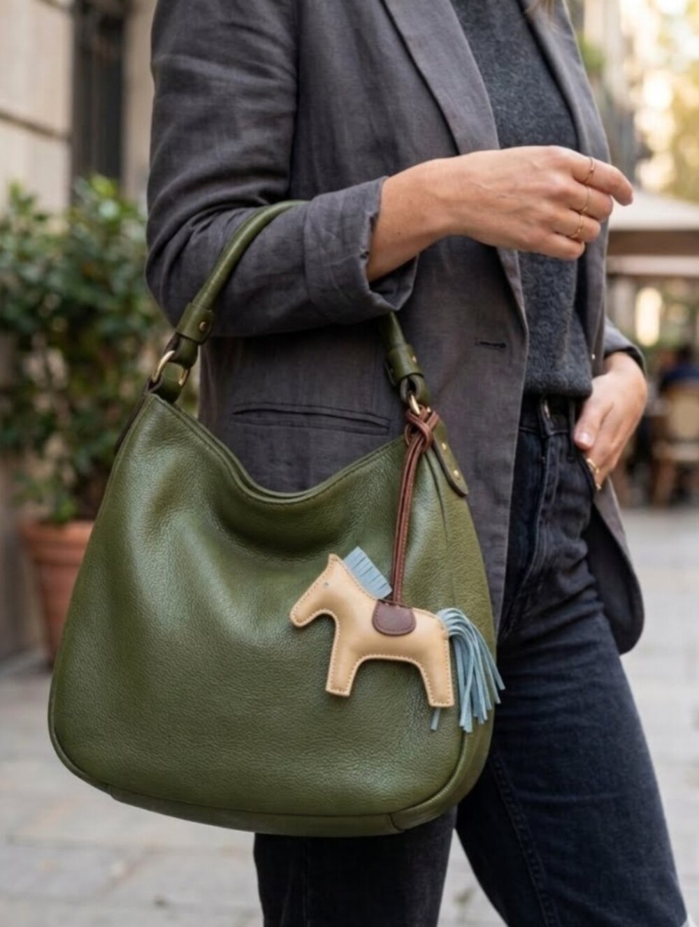 Handmade Genuine Leather Horse Purse Charm-Tan/Blue/Brown